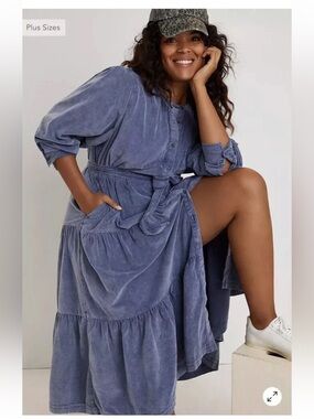 Anthropologie Pilcro Marta Tiered Corduroy Midi Dress | Medium | Blue Stripe